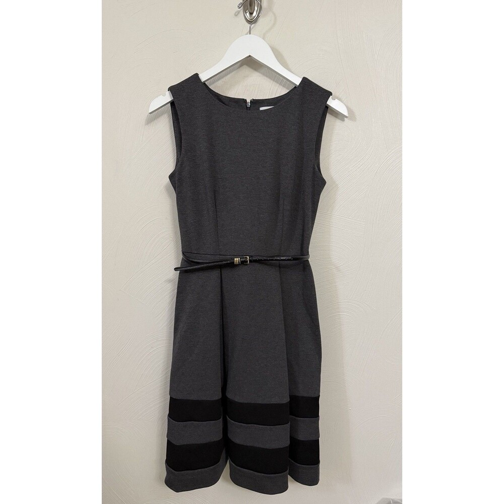 Calvin Klein Knit Fit Flare Dress Sz 2 Sleeveless Gray Black Office Career Work